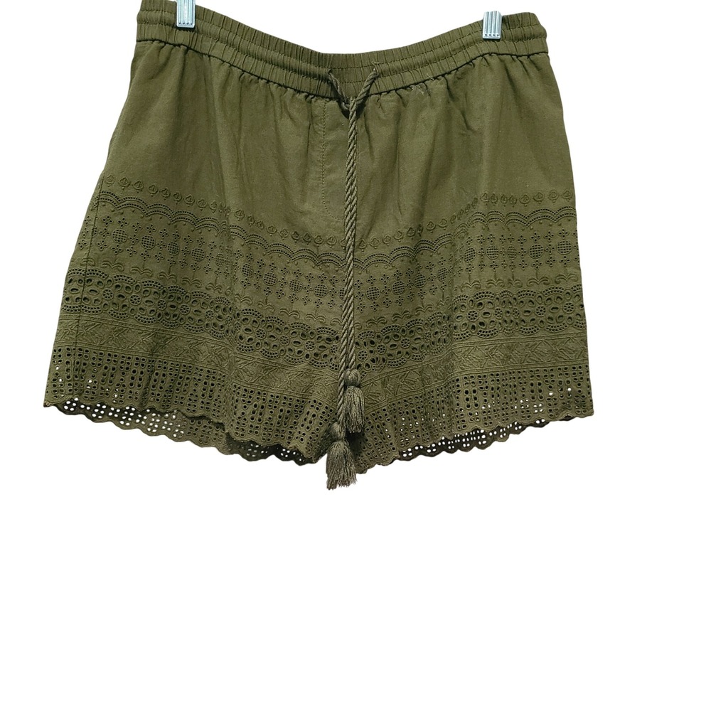 Faded‎ Glory Olive Green Eyelet Cotton Shorts Tassel Drawstring Size 8